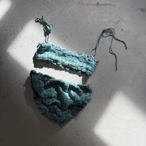 Free People Shirred Bandeau Bikini Set Women's M Blue Green Floral Boho